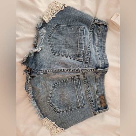 Distressed Denim Shorts with Crochet Trim - Picture 2 of 2